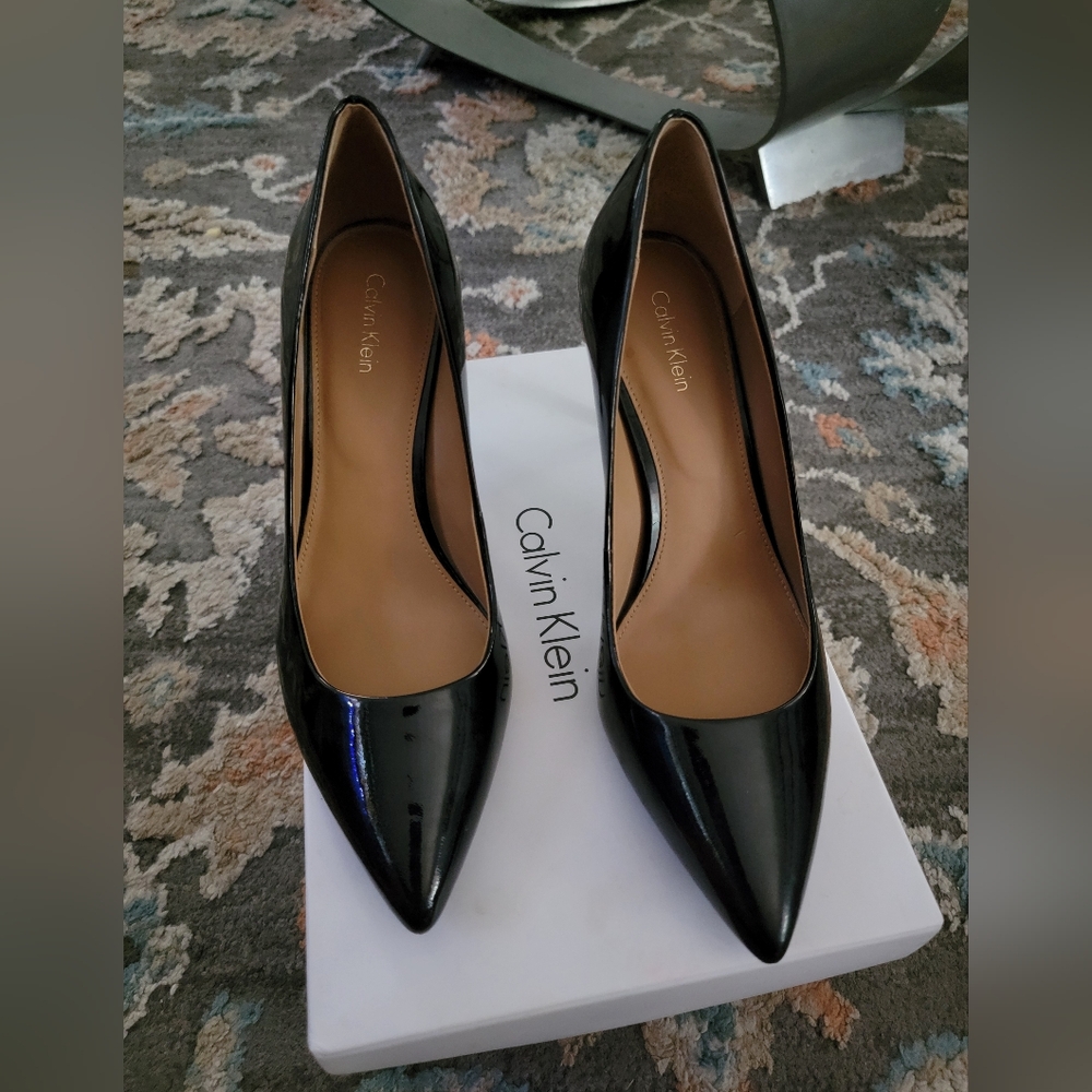 Calvin Klein Glossy Black Pointed Toe Stiletto Pumps